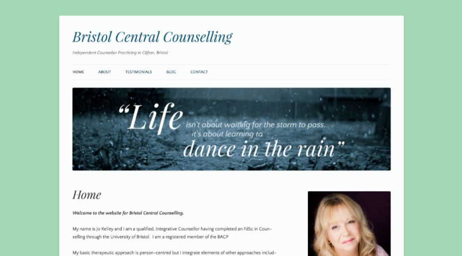 Screenshot of Jo's site with hero image with fonts matched to the theme and a simple layout.