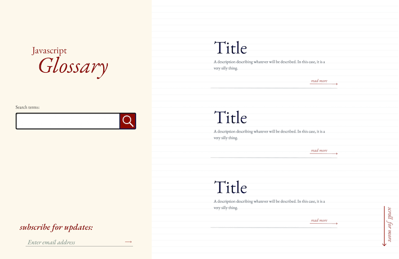 a Figma design of a glossary website. it has a search bar in a side panel and a list of glossary terms to the right